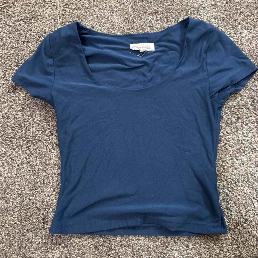 Pink Rose Blue Short Sleeve Scoop Neck Fitted Crop Top